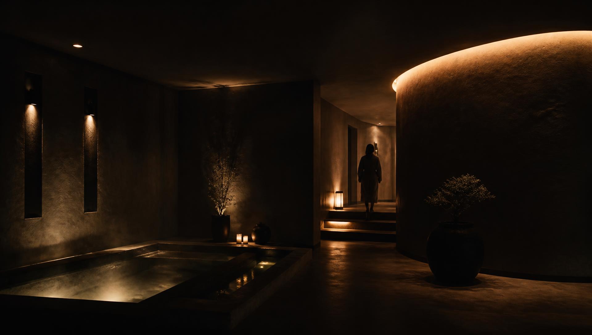 Cinematic candlelit wellness spa interior at night